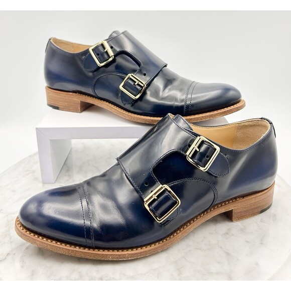 The Office Of ANGELA SCOTT French Navy Blue Leather Monkstrap Shoes 38 Mr. Colin - Picture 1 of 10